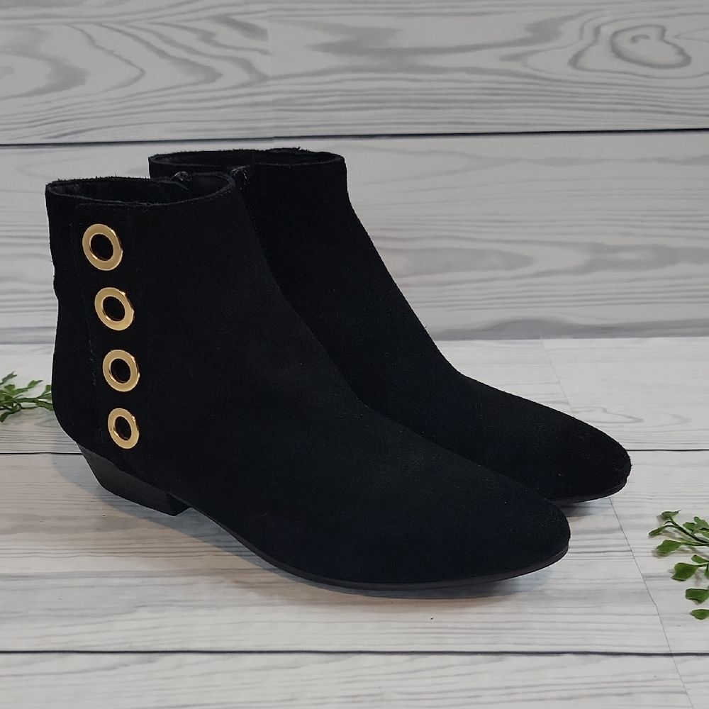Vaneli Suede Black Ankle Boots with Gold Accents Womens Size 7.5M